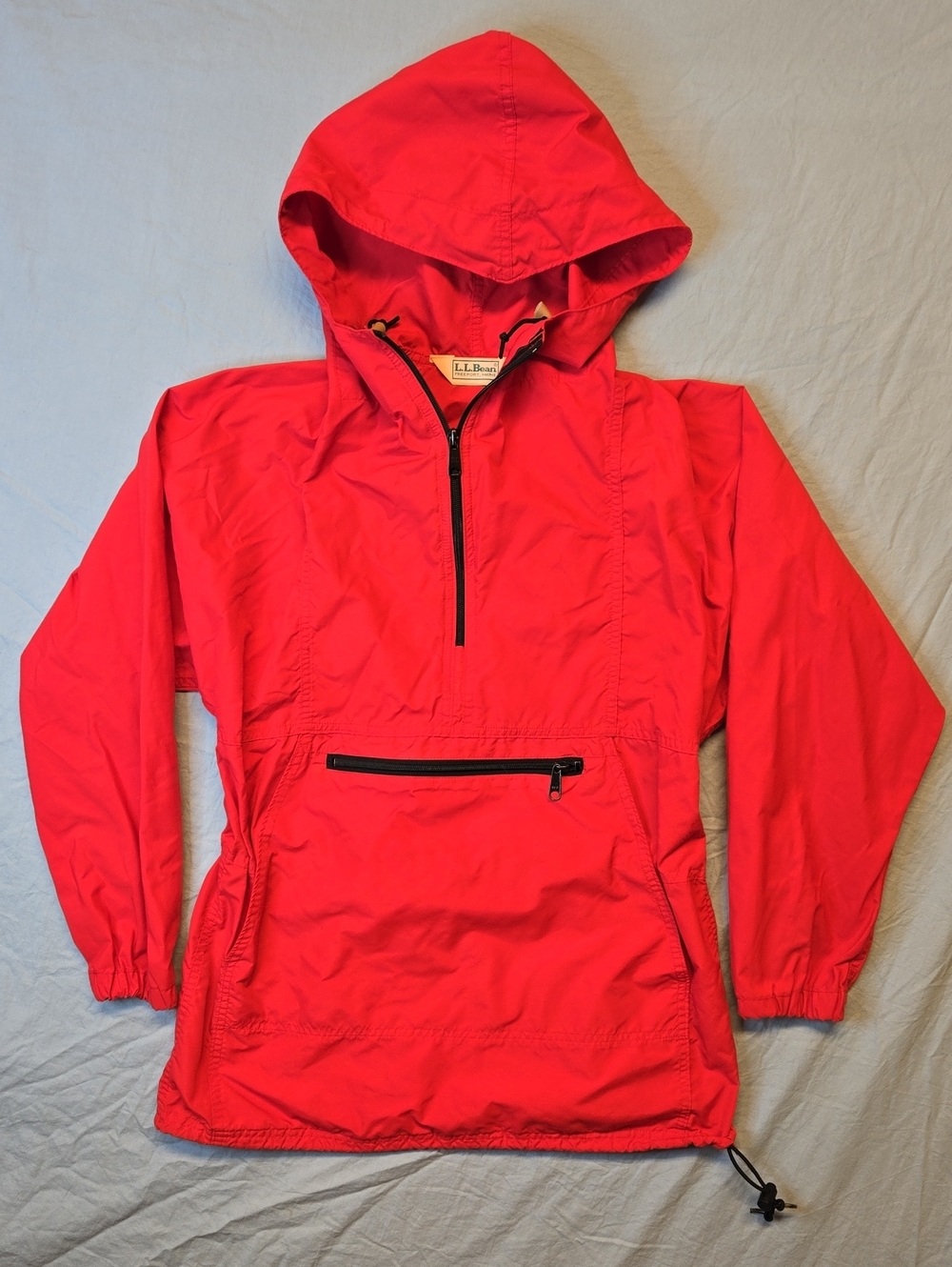 L.L. Bean Bright Red Hooded Anorak Pullover Windbreaker Jacket Vintage 90s
